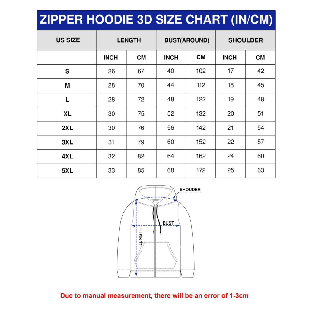 Size Chart Vesles2014S 3D Zip Hoodie